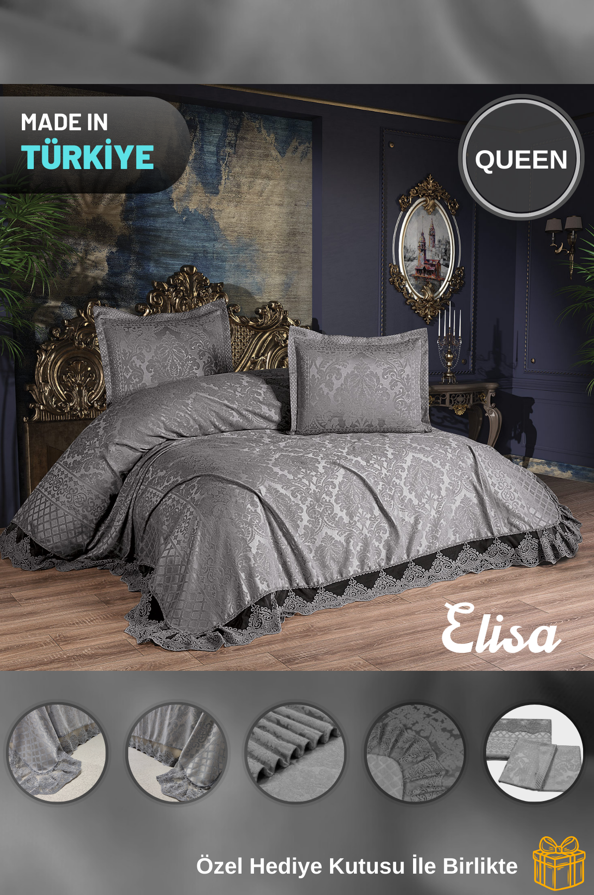 KC Home Elisa Çift Kişilik Fransız Dantelli Şönil Yatak Örtüsü 260x260