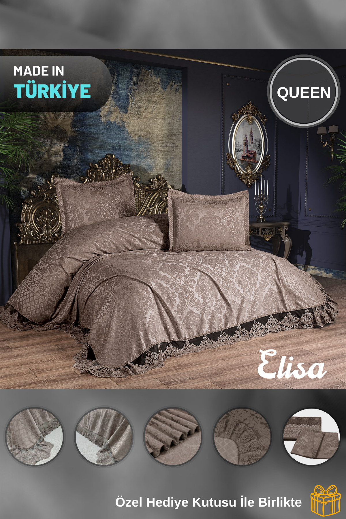 KC Home Elisa Çift Kişilik Fransız Dantelli Şönil Yatak Örtüsü 260x260