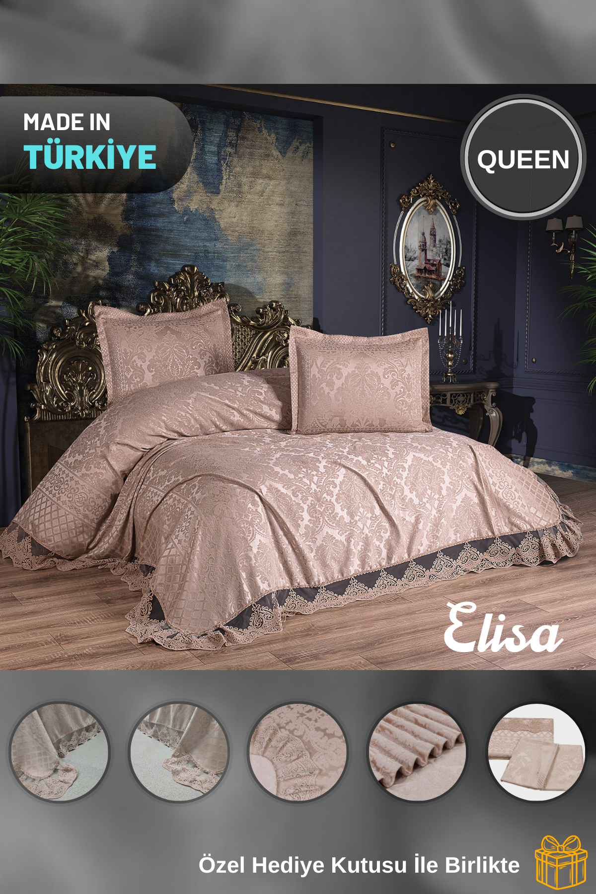 KC Home Elisa Çift Kişilik Fransız Dantelli Şönil Yatak Örtüsü 260x260