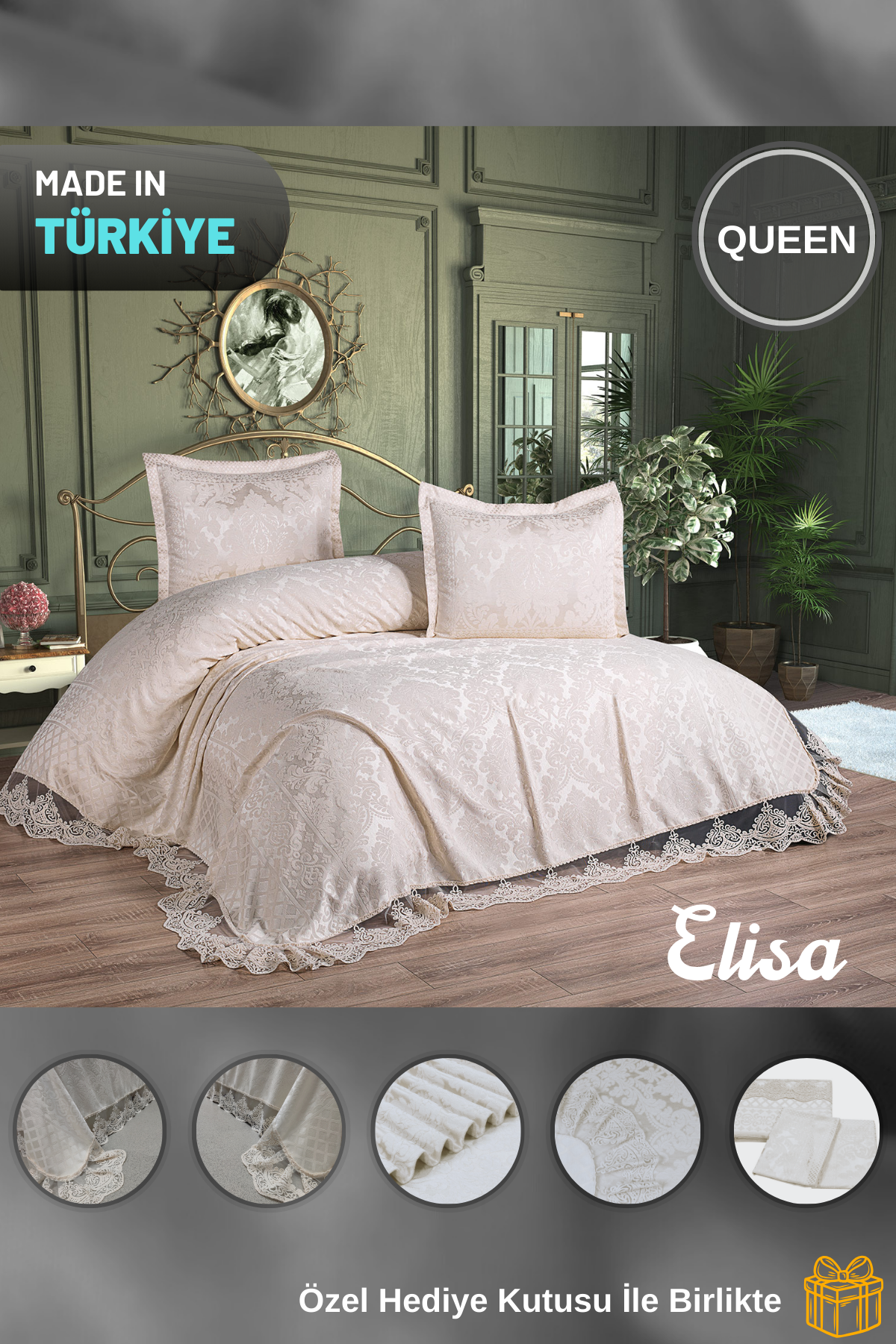 KC Home Elisa Çift Kişilik Fransız Dantelli Şönil Yatak Örtüsü 260x260
