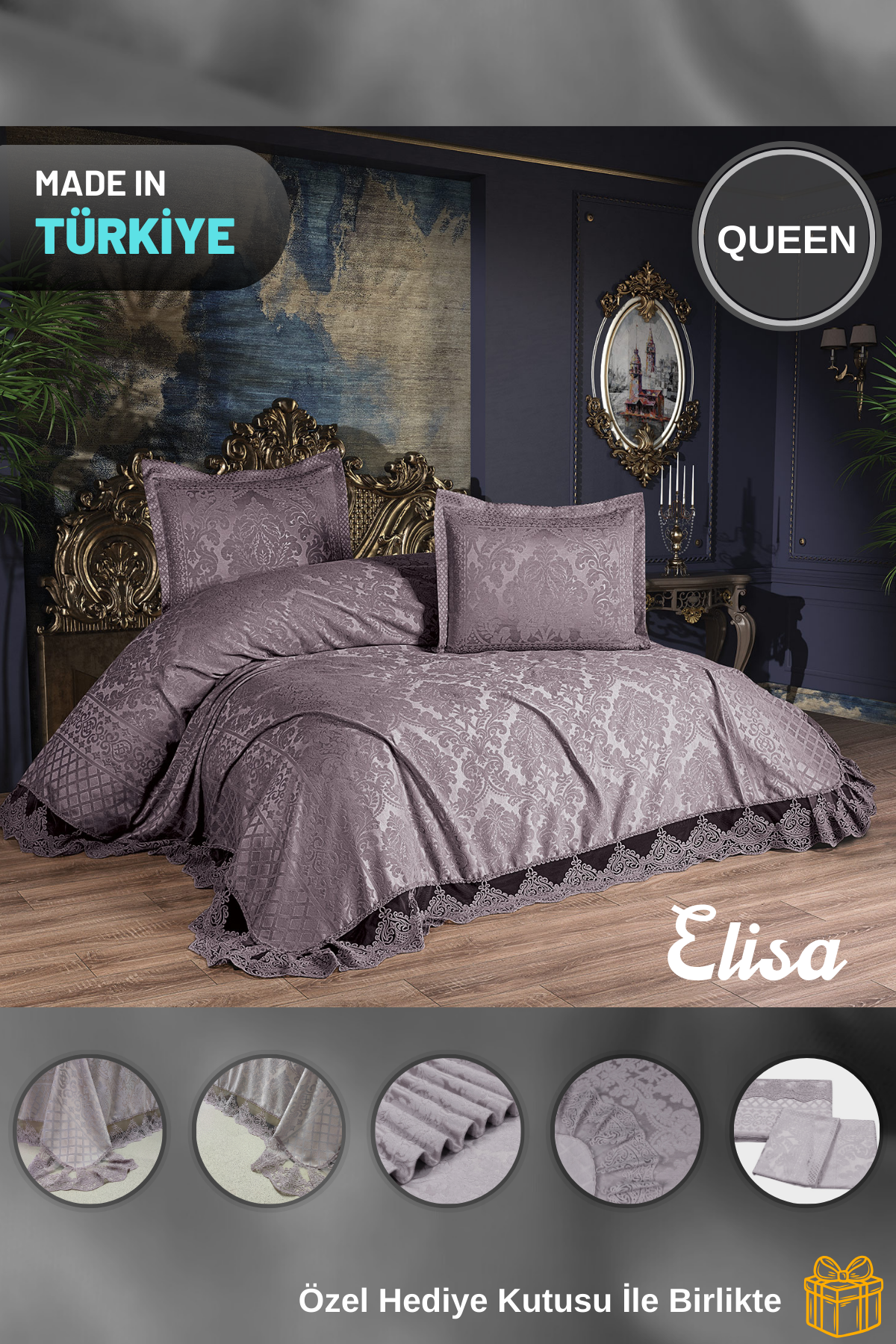 KC Home Elisa Çift Kişilik Fransız Dantelli Şönil Yatak Örtüsü 260x260