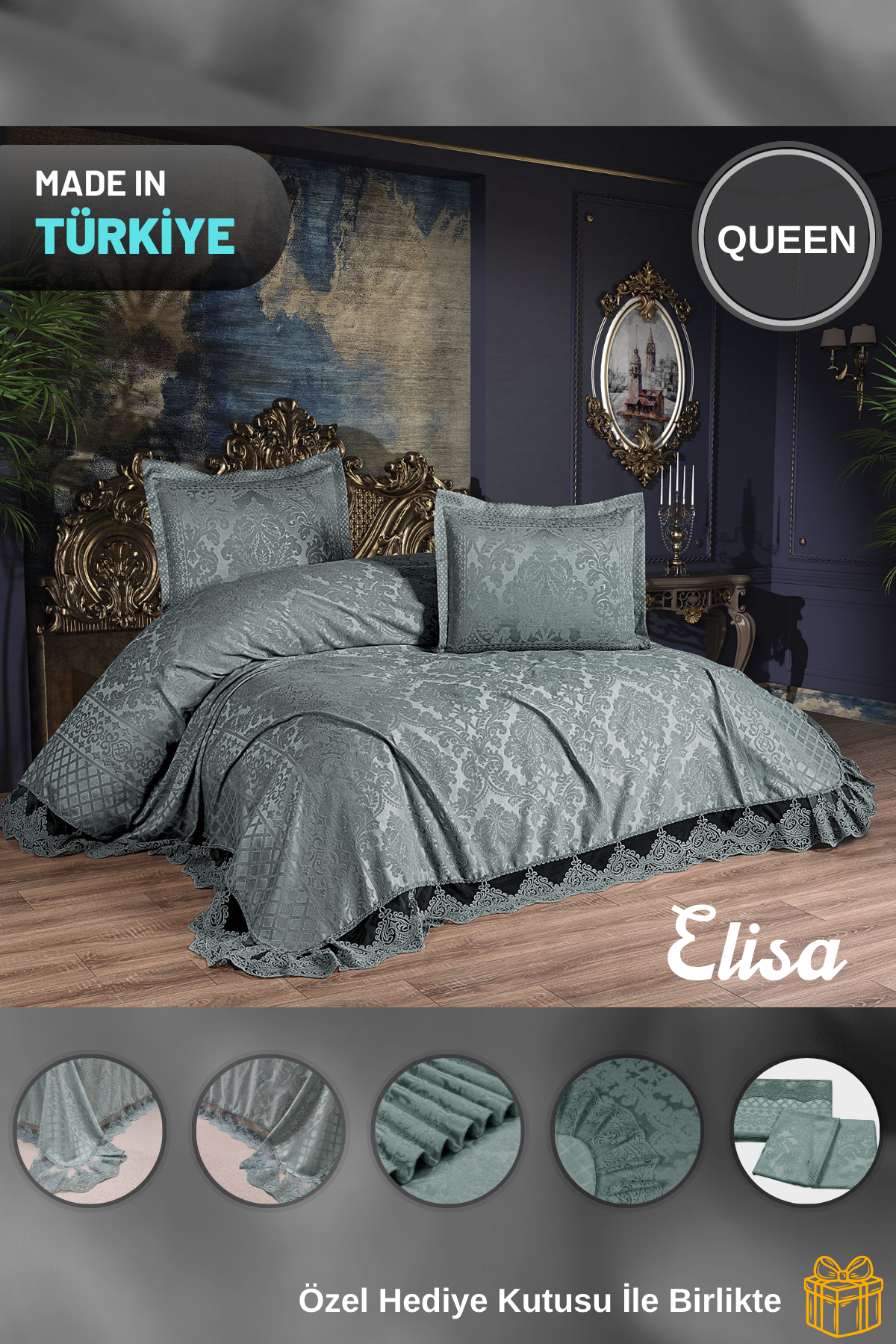 KC Home Elisa Çift Kişilik Fransız Dantelli Şönil Yatak Örtüsü 260x260