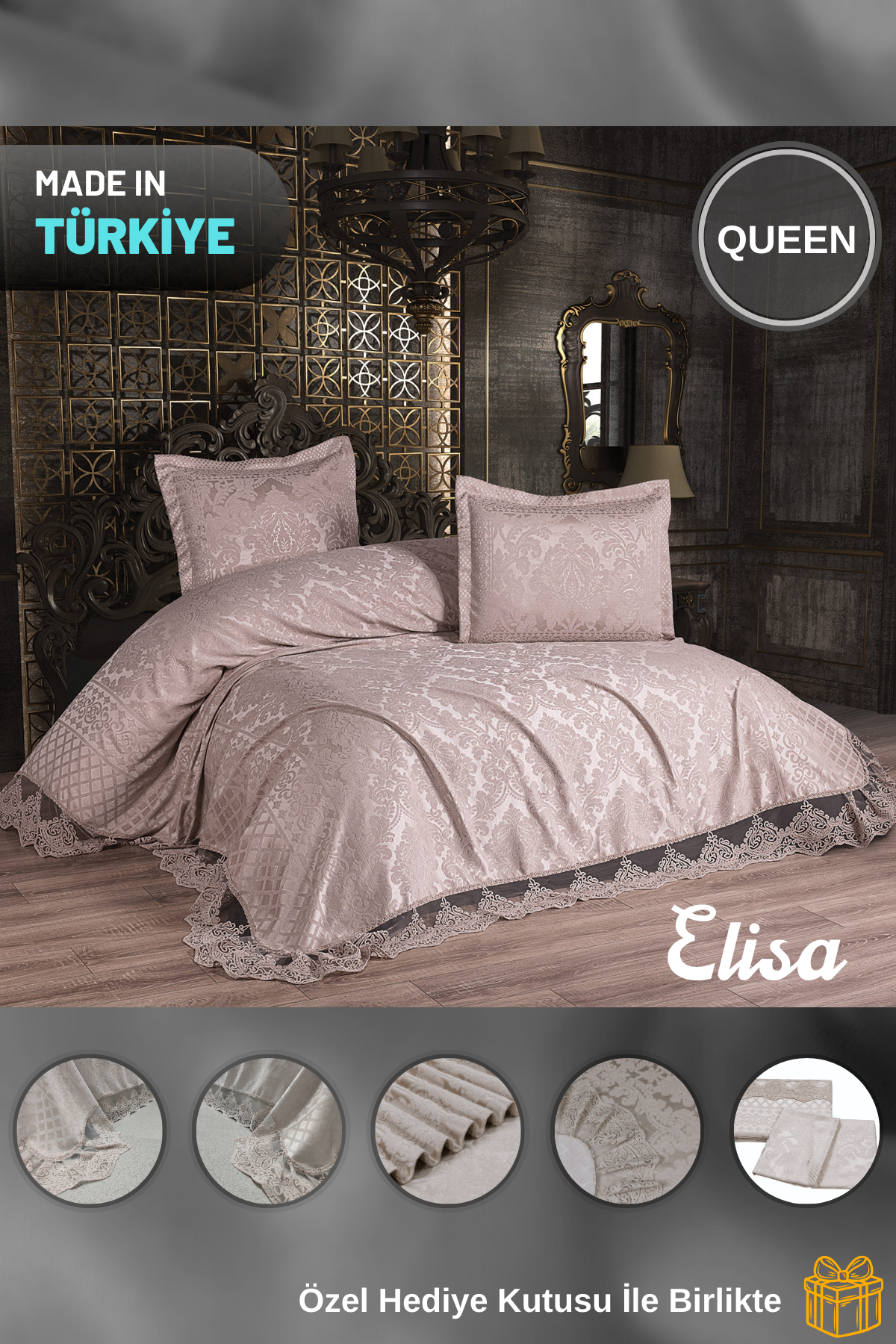 KC Home Elisa Çift Kişilik Fransız Dantelli Şönil Yatak Örtüsü 260x260