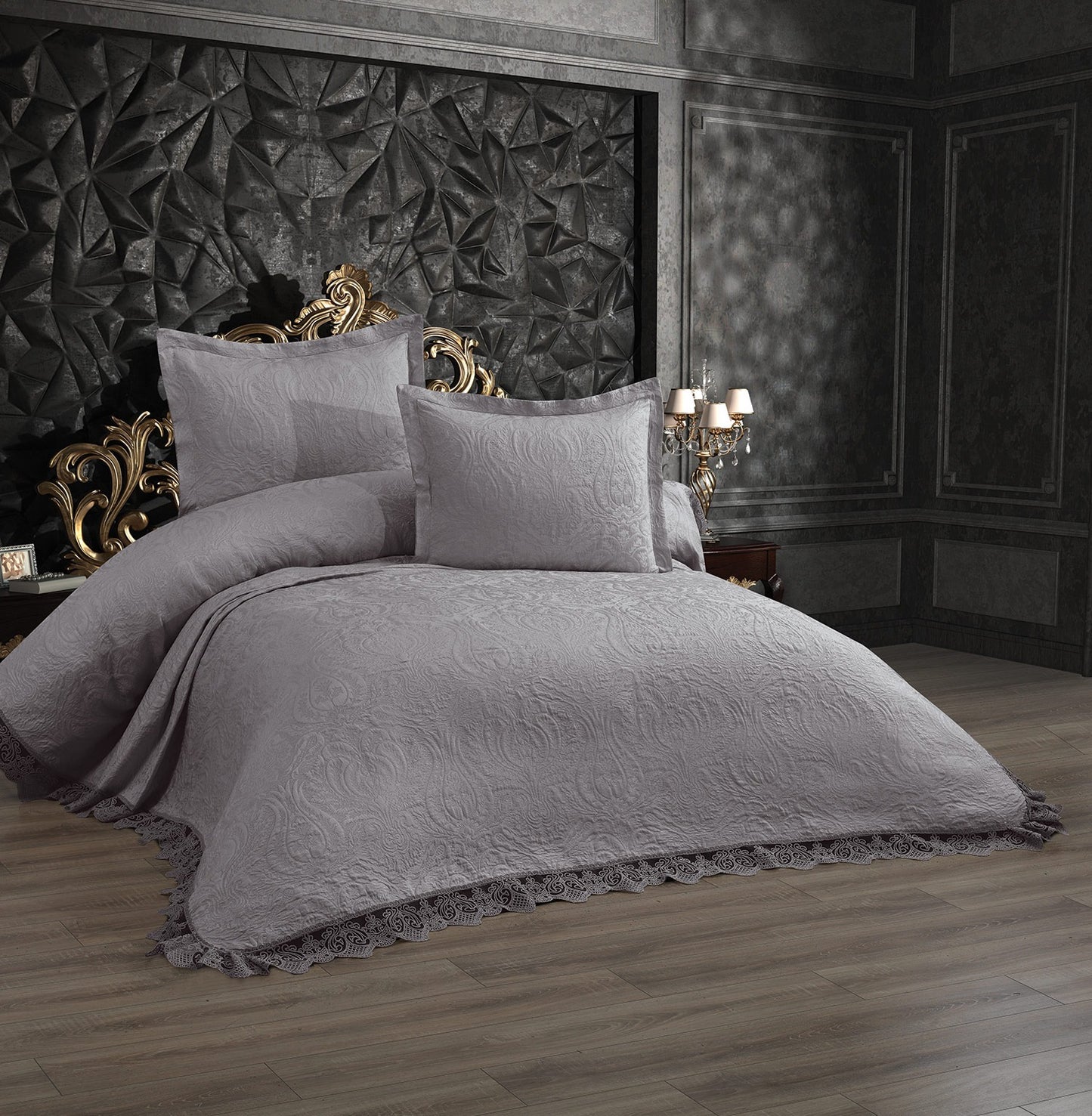 KC Home Dantelli Karina Çift Kişilik Fransız Dantelli Şönil Yatak Örtüsü 260x260