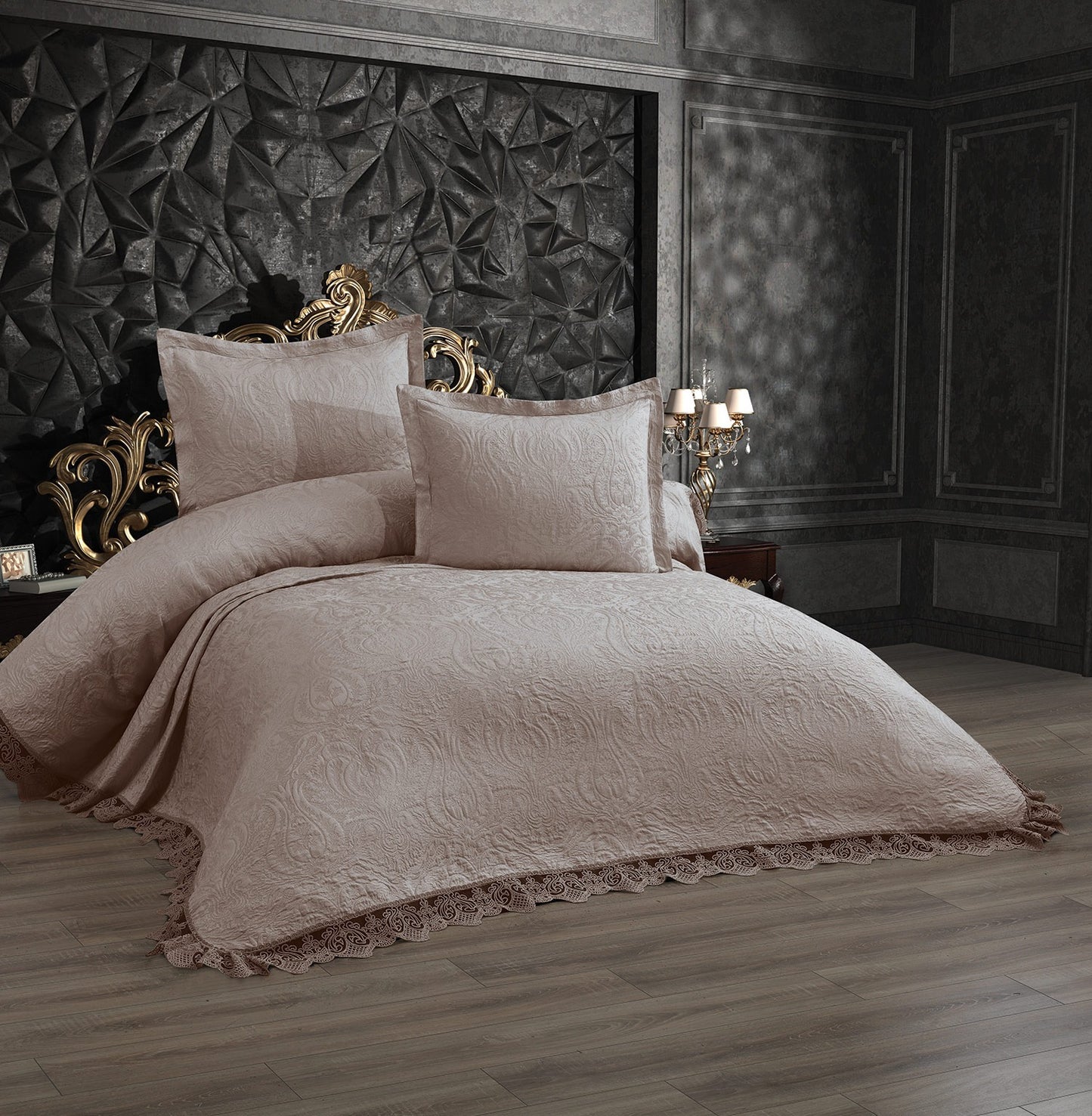 KC Home Dantelli Karina Çift Kişilik Fransız Dantelli Şönil Yatak Örtüsü 260x260
