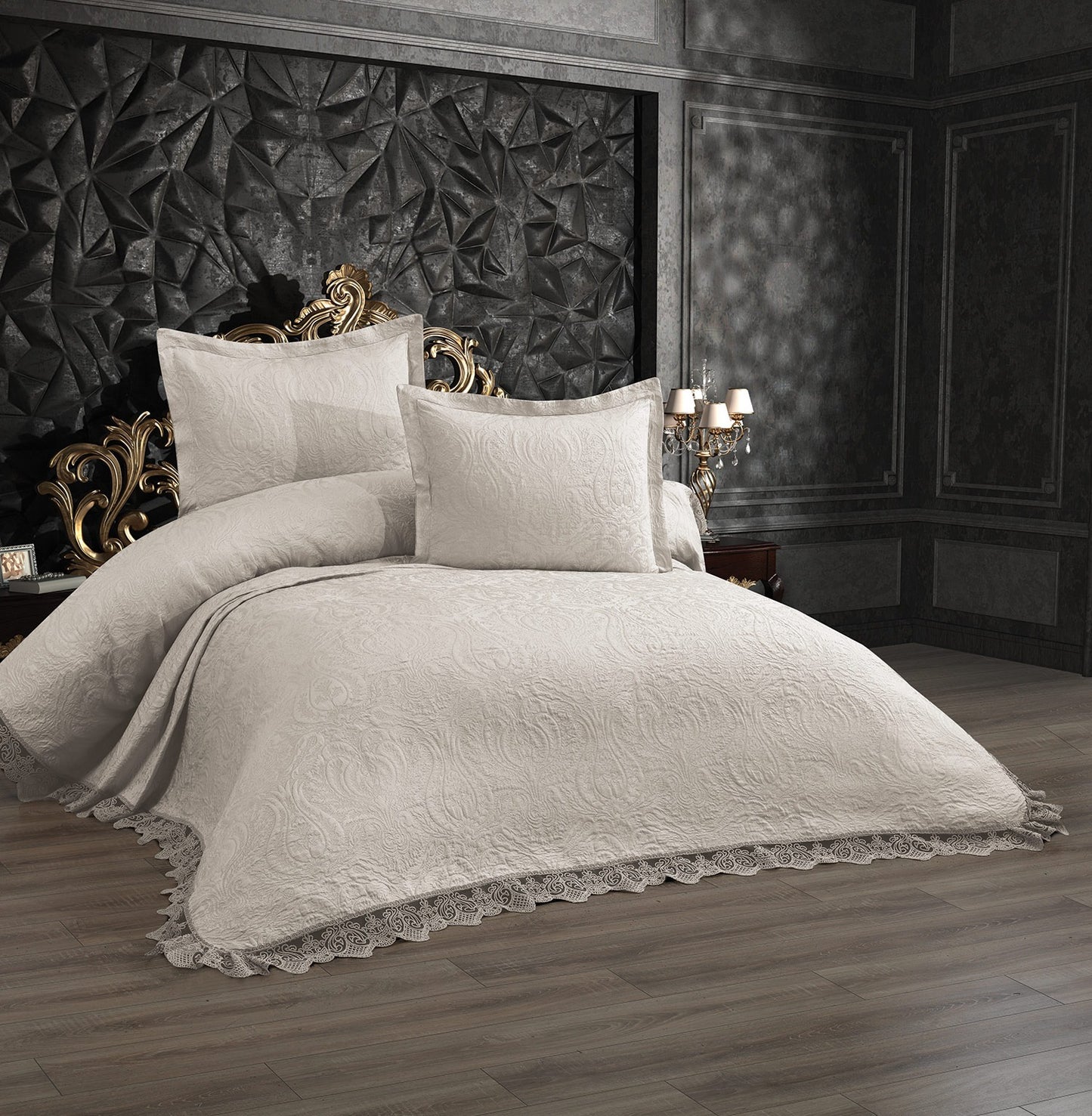 KC Home Dantelli Karina Çift Kişilik Fransız Dantelli Şönil Yatak Örtüsü 260x260
