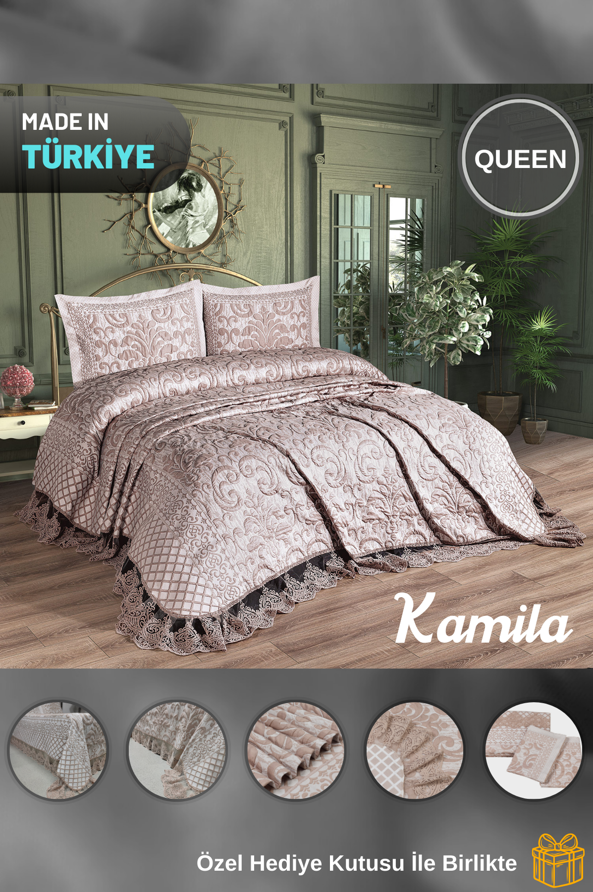 Kamila Çift Kişilik Fransız Dantelli Şönil Yatak Örtüsü 260x260